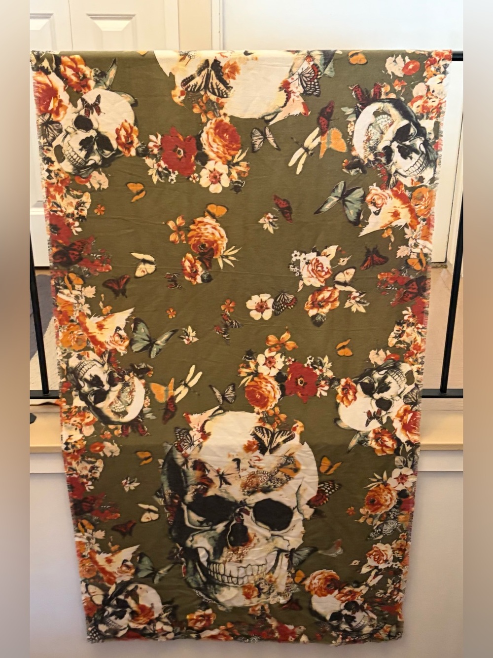 💀Vince Camuto Floral Skull Butterfly Scarf in Green NWT Halloween Grunge Fall
